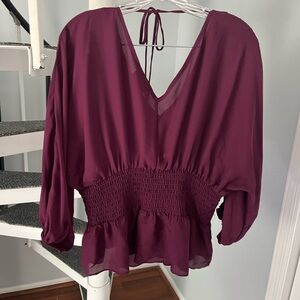 BOLD elements Red and Purple Peplum Blouse with Puff Sleeves